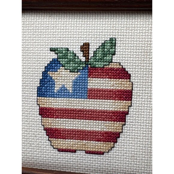 Patriotic Apple Cross Stitch Wall Decor Framed Wood 6"x6" Handmade Rustic Americ - Picture 9 of 14